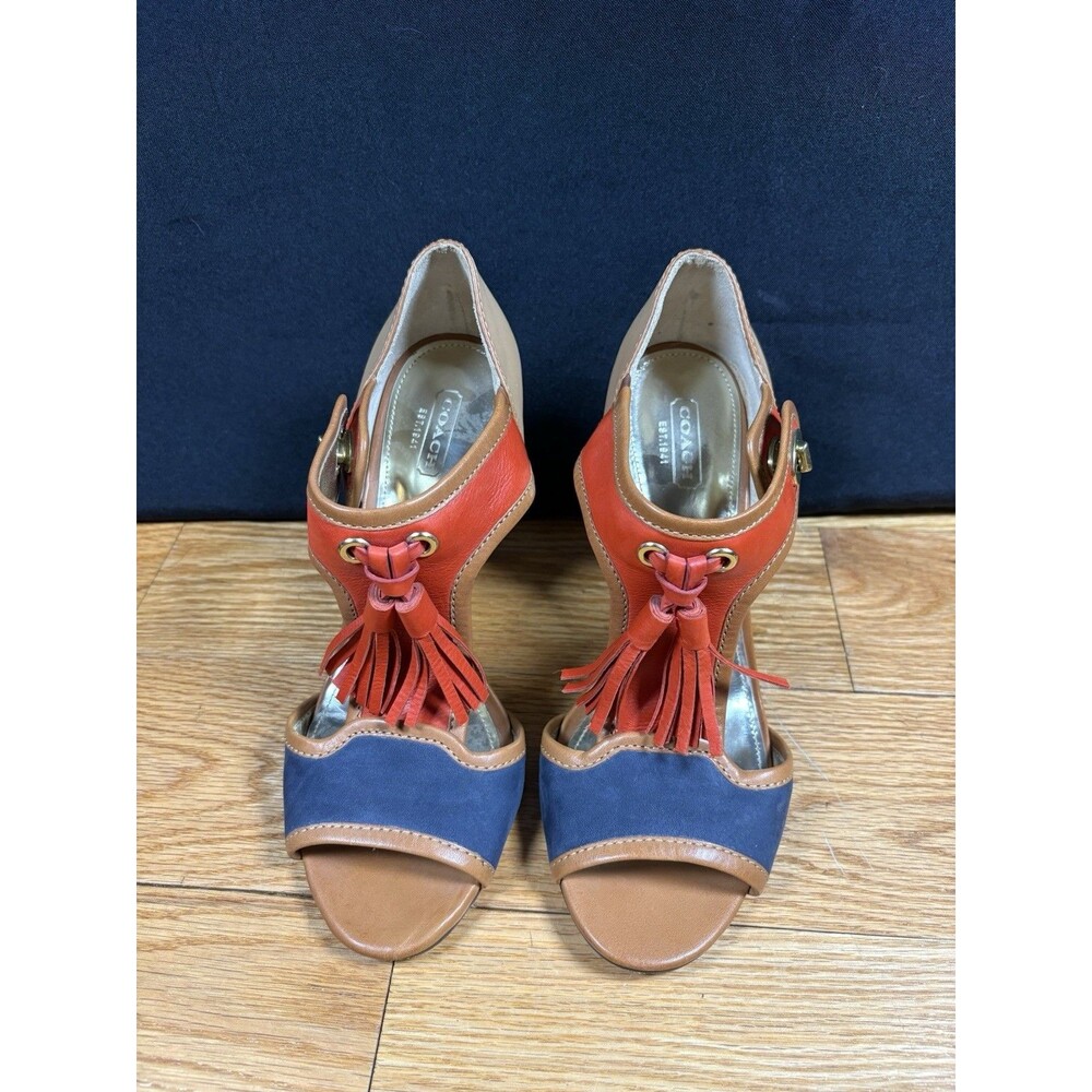 Coach Women's Tristen Tan Red Blue Heeled Tassel Heeled Leather Sandals Sz 8.5